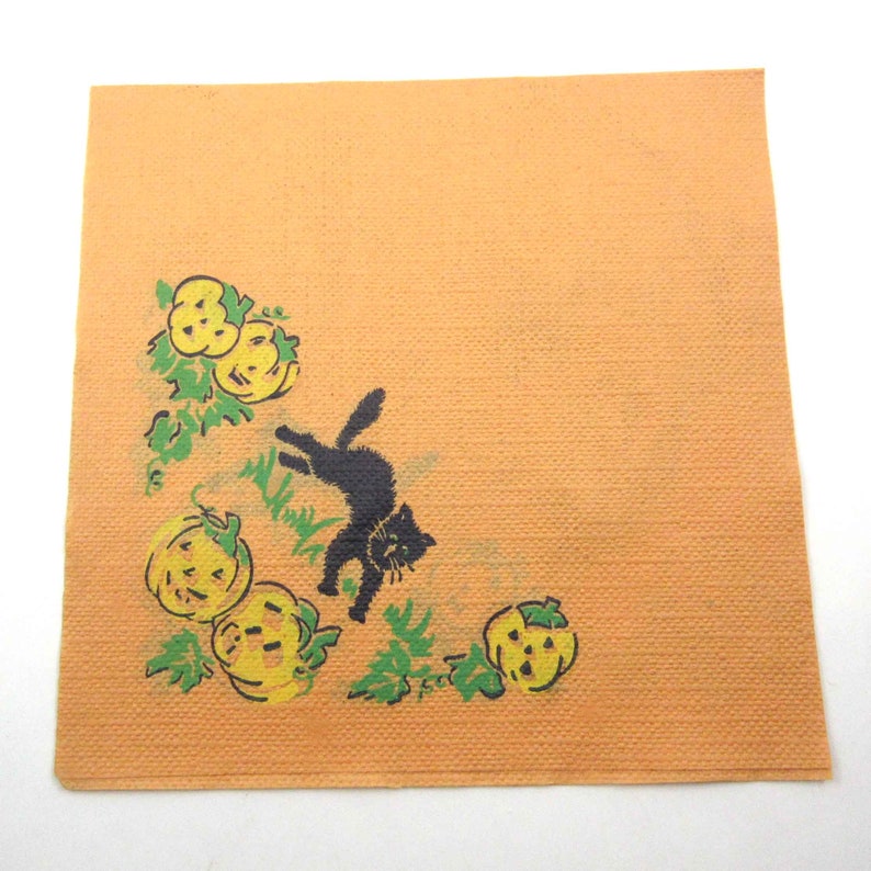 Vintage Halloween Paper Party Napkin with Black Cats Witch on Broom Owl and Jack O Lanterns image 3