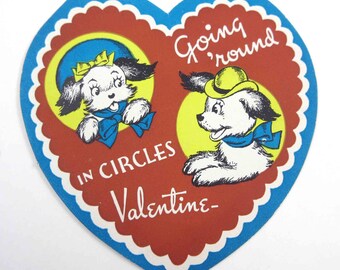 Vintage Children's Valentine Greeting Card with Adorable Dogs Wearing Hats in Heart