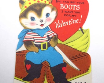 Vintage Children's Novelty Valentine Greeting Card with Pirate Cat