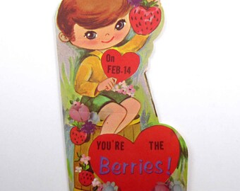 Vintage Unused Children's Valentine Card with Cute Boy and Strawberries Strawberry Food Berries