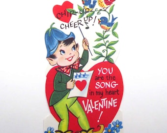 Vintage Unused Children's Valentine Greeting Card with Little Elf Boy in Flower Hat and Birds Singing Song