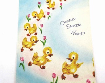 Vintage 1940s Easter Greeting Card with Cute Ducks and Tulips