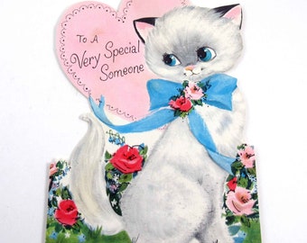 Vintage Children's Valentine Card with Cute Gray and White Cat or Kitten and Blue Bow by Hallmark