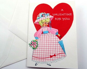 Vintage Unused Valentine Greeting Card with Blonde Girl in Pink and White Gingham Dress Bonnet Hat Parasol by Hallmark