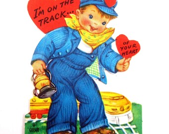 Carte de Saint-Valentin vintage avec chef d'orchestre Boy Train Railroad