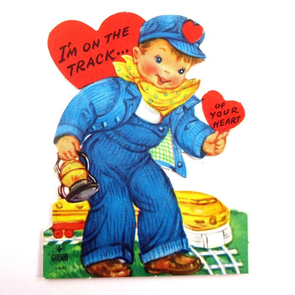 Vintage Valentine Card with Conductor Boy Train Railroad