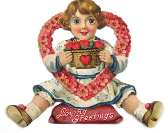 Vintage Antique German Mechanical Valentine Card with Girl and Basket of Flowers Pink Floral Heart Wreath Germany