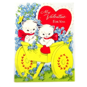 Vintage Children's Valentine Card with Cute Cats Kittens in Yellow Cart Wagon by American Greetings