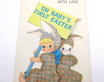 Vintage Flocked Greeting Card for Baby's First Easter with Cute Child and Rabbit Holiding Sign by Hallmark