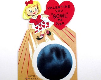 Vintage Unused Children's Valentine Card with Girl Bowling Ball