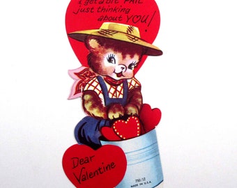 Vintage Valentine Card with Cute Bear with Hat and Pail of Hearts