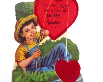 Vintage Children's Flocked Valentine Card with Cute Boy and Fishing Pole