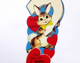Vintage Over Sized Children's Valentine Card with Cute Rabbit or Bunny and Question Mark Red Hearts