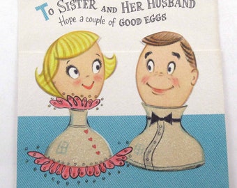 Vintage 1950s Glittered Easter Greeting Card with Cute Anthropomorphic Eggs Couple by Hallmark