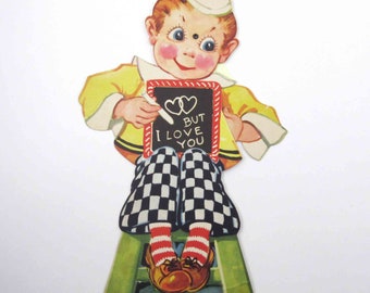 Vintage Unused Over Sized Mechanical Valentine Card with Cute Boy on Stool with Slate Chalkboard