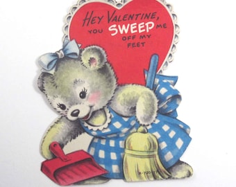 Vintage Children's Valentine Card with Cute Bear in Blue Plaid Dress Sweeping with Broom and Dustpan Housework