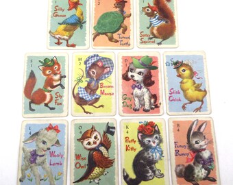 Miniature Vintage Animal Rummy Children's Playing Cards by Whitman Partial Set of 11