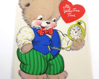 Vintage Children's Valentine Greeting Card with Teddy Bear and Pocket Watch Time by Volland