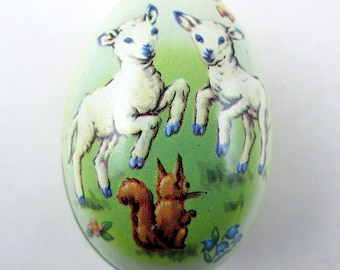 Vintage Tin Easter Egg Candy Container with Two Little Lambs