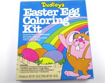 Vintage 1980s Dudley's Easter Egg Coloring Kit Dye Box with Rabbit Eggs Rainbow NOS Deadstock