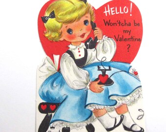 Vintage Children's Valentine Card with Little Blonde Girl on Old Fashioned Telephone or Phone by Hallmark