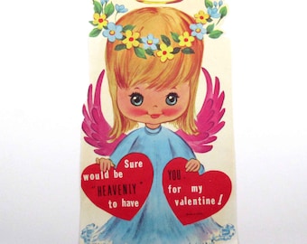 Vintage Valentine Card with Blonde Angel Pink Wings Holding Hearts