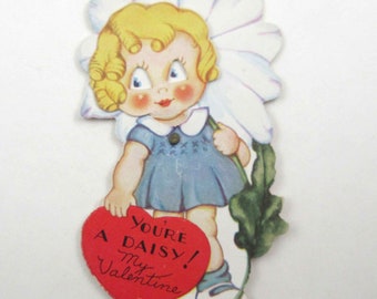 Vintage 1930s Mehcanical Valentine Card with Little Blonde Haired Girl and Daisy Flower