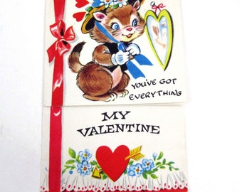 Vintage Children's Valentine Greeting Card Brown Cat in Hat Looking in Mirror