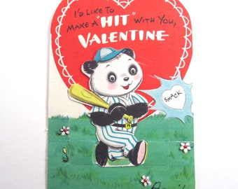 Vintage Children's Valentine Card with Cute Panda Bear Playing Baseball with Bat