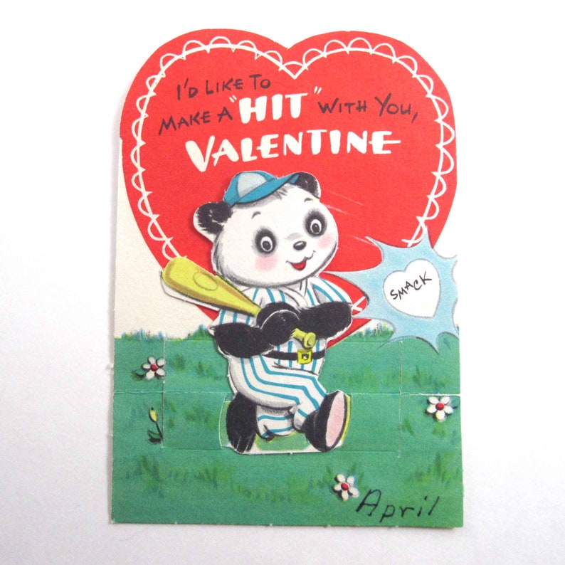Vintage Children's Valentine Card with Cute Panda Bear Playing Baseball with Bat image 1