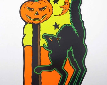 Beistle Black Cat Jack o Lantern and Grinning Anthropomorphic Moon Halloween Die Cut Decoration