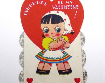 Vintage Valentine Card with Cute Little Girl Doll
