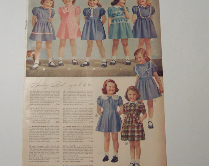Vintage 1940s Montgomery Wards Catalog Page of Little Girls in Dresses