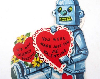 Vintage Children's Valentine with Cute Robot Holding Heart