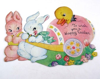 Vintage Mechanical Easter Greeting Card with Cute Pink and Blue Bunny Rabbits Duck in Pink Egg Cart