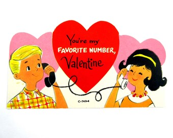 Vintage Children's Valentine Greeting Card with Cute Boy and Girl on Old Fashioned Telephone Phone