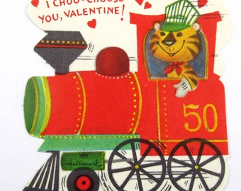 Vintage Unused Children's Valentine Card with Adorable Conductor Tiger in Train Railroad by Hallmark