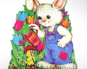 Vintage Die Cut Cardboard Easter Decoration with White Rabbit Watering Can Tulips Flowers Duck