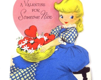 Vintage 1950s Children's Valentine Greeting Card Cute Blonde Girl in Blue Dress with Basket of Hearts by American Greetings