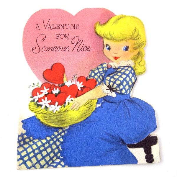 Vintage 1950s Children's Valentine Greeting Card Cute Blonde Girl in Blue Dress with Basket of Hearts by American Greetings