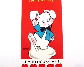 Vintage Unused Children's Valentine Card with White Rabbit Stuck in Gum