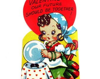 Carte de Saint-Valentin vintage pour enfants avec boule de cristal destin, jolie fille gitane diseuse de bonne aventure