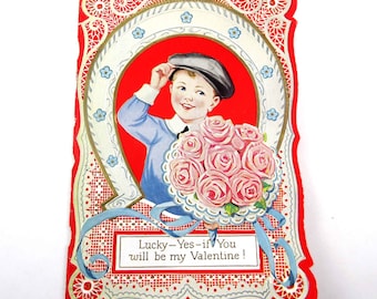 Vintage Large Fancy Antique Valentine Greeting Card with Little Boy and Bouquet of Pink Roses