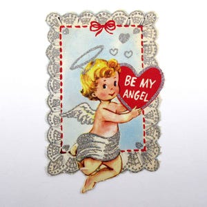 Vintage Unused Children&#39;s Valentine Card with Angel Silvered Accents