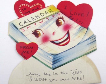 Vintage Children's Valentine Card with Cute Anthropomorphic Calendar