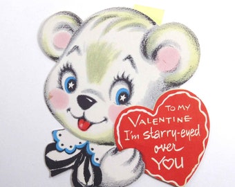 Vintage Chlidren's Valentine Card with White Bear Holding Heart