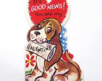 Vintage Unused Children's Valentine Card with Dog or Puppy Holding Newspaper Silver Embossing