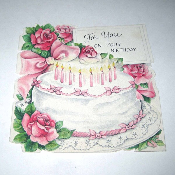 RESERVED FOR HUGSANDSTITCHESPRIMS Vintage 1940s Birthday Greeting Card with Birthday Cake and Pink Roses by Hallmark