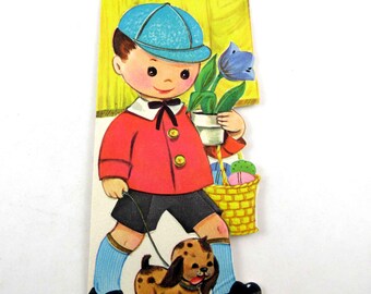 Vintage Easter Greeting Card for Grandson with Cute Boy Walking Dog Basket of Eggs Tulip by Gibson