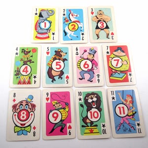 Jeu de 11 cartes à jouer Circus Crazy Eights pour enfants vintage par Whitman partiel, lot de 11